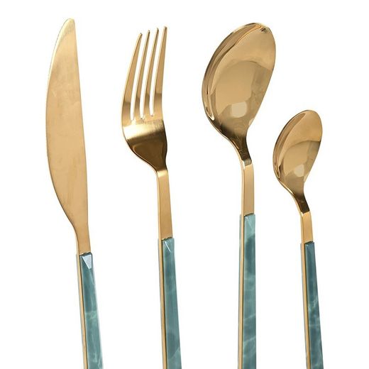 16-teiliges Besteck-Set, 30 x 26 x 32 cm, aus Edelstahl in Gold- und Grünfarbton | Kollektion Sea Side
