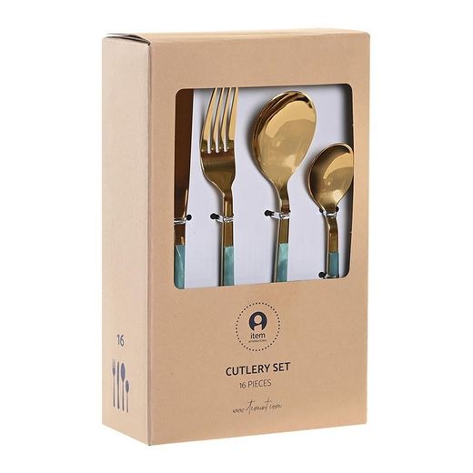 16-teiliges Besteck-Set, 30 x 26 x 32 cm, aus Edelstahl in Gold- und Grünfarbton | Kollektion Sea Side