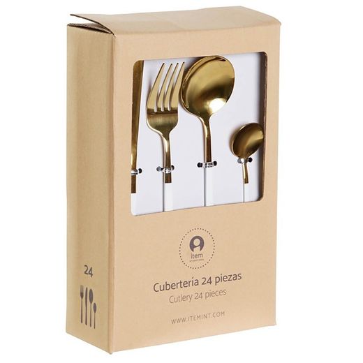 Set da 24 posate, 32 x 26 x 32 cm, in acciaio dorato e bianco | Collezione Chic