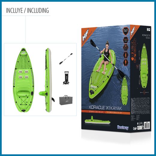 Kayak gonflable de pêche Bestway Hydro-Force Koracle 285x92x57 cm pour 1 personne avec pagaie et pompe
