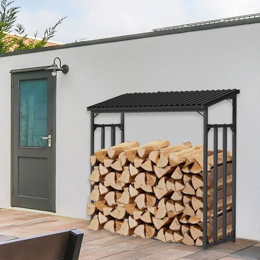 Leñero Exterior Gardiun 143x70x145 cm - Caja de Leña de Acero Galvanizado con Cubierta Impermeable, Lona Protectora y Soporte Inferior para Almacenamiento Seguro al Aire Libre