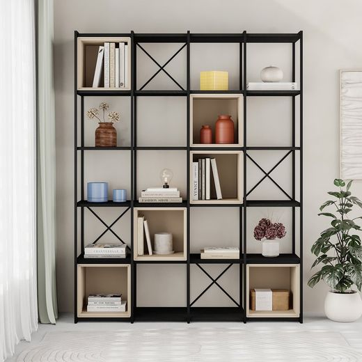 Librería, 139,5 x 39 x 179 cm, de madera y metal en negro y color crema | Colección Anya
