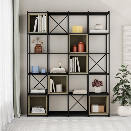 Librería, 139,5 x 39 x 179 cm, de madera y metal en negro y verde | Colección Anya