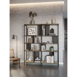 Librería, 144 x 35 x 175 cm, de madera y metal en negro y color roble | Colección Alabama