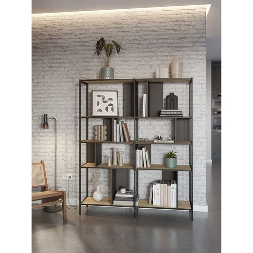 Librería, 144 x 35 x 175 cm, de madera y metal en negro y color roble | Colección Alabama