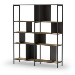 Librería, 144 x 35 x 175 cm, de madera y metal en negro y color roble | Colección Alabama