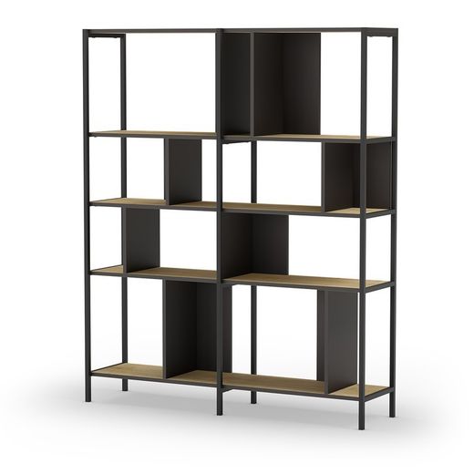 Librería, 144 x 35 x 175 cm, de madera y metal en negro y color roble | Colección Alabama