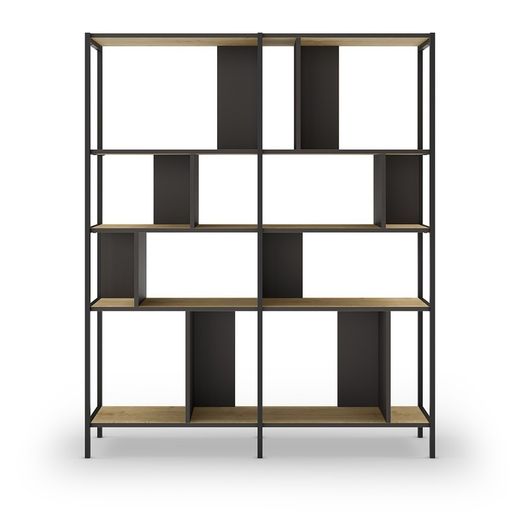 Librería, 144 x 35 x 175 cm, de madera y metal en negro y color roble | Colección Alabama