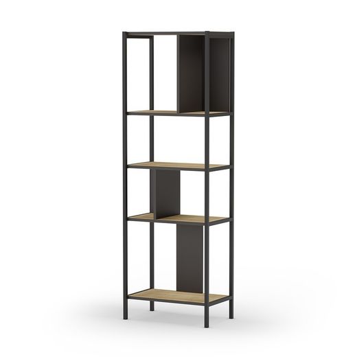 Librería, 58 x 35 x 175 cm, de madera y metal en negro y color roble | Colección Alabama