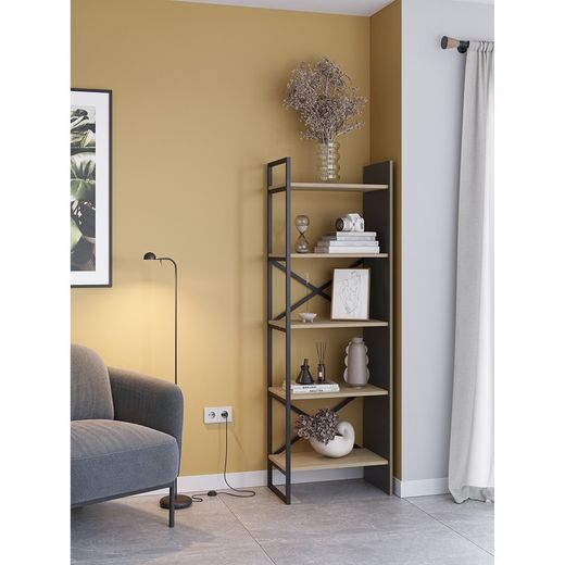 Librería, 58 x 35 x 175 cm, de madera y metal en negro y natural | Colección Ara
