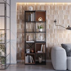 Librería, 70,5 x 39 x 179 cm, de madera y metal en negro y terracota | Colección Anya