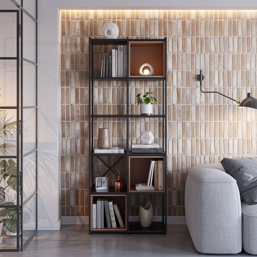 Librería, 70,5 x 39 x 179 cm, de madera y metal en negro y terracota | Colección Anya