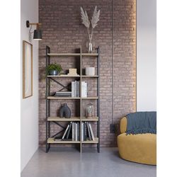 Librería, 87,5 x 35 x 175 cm, de madera y metal en negro y natural | Colección Ara