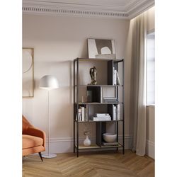 Librería, 88 x 35 x 175 cm, de madera y metal en negro y color roble | Colección Alabama