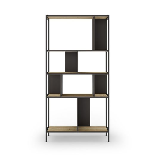 Librería, 88 x 35 x 175 cm, de madera y metal en negro y color roble | Colección Alabama