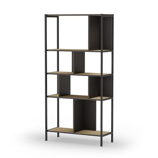 Librería, 88 x 35 x 175 cm, de madera y metal en negro y color roble | Colección Alabama