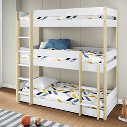 Litera triple, 200,4 x 107,9 x 197,6 cm, de madera en blanco y natural | Colección Milos