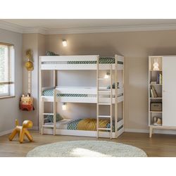 Litera triple, 200,4 x 107,9 x 197,6 cm, de madera en blanco y natural | Colección Milos