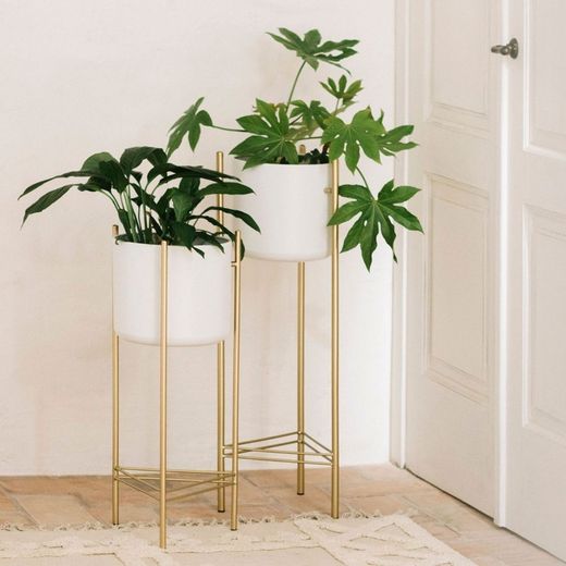 Vaso da fiori, 28 x 28 x 80 cm, in metallo bianco e dorato | Collezione Gold