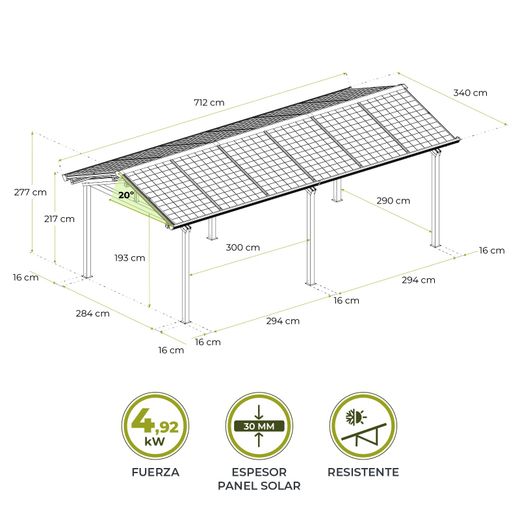 Marquesina Solar Gardiun Techno Becquerel I 340x712x277 cm para Cochera con Paneles Fotovoltaicos y Estructura de Aluminio 30 mm | Sistema de Evacuación de Aguas Pluviales