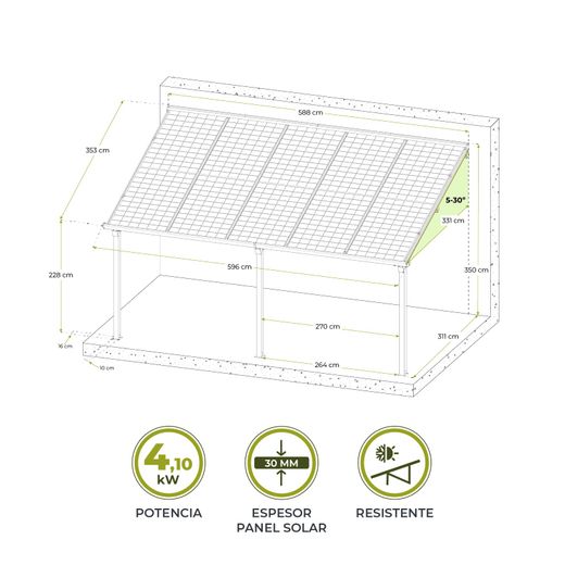 Marquesina Solar Gardiun Techno Becquerel II 331x596x350 cm para Cochera con Paneles Fotovoltaicos y Estructura de Aluminio 30 mm, Incluye Sistema de Evacuación de Aguas Pluviales