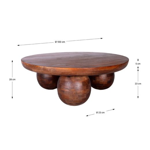 Tavolo da salotto rotondo, 100 x 100 x 28 cm, in legno di mango marrone scuro | Collezione Ailen