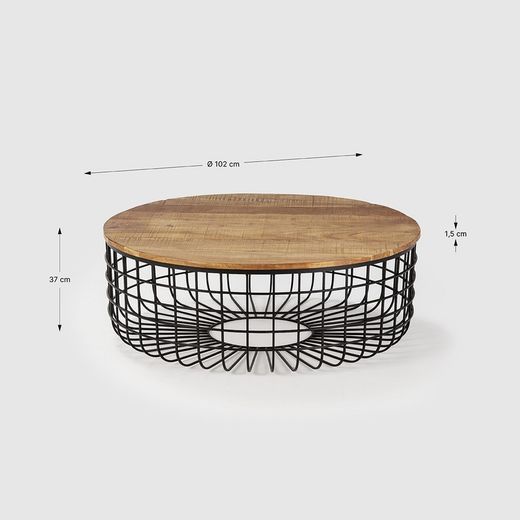 Mesa de centro redonda, 102 x 102 x 37 cm, de madera de acacia y metal en natural y negro | Colección Suvan