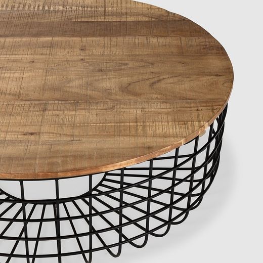 Mesa de centro redonda, 102 x 102 x 37 cm, de madera de acacia y metal en natural y negro | Colección Suvan