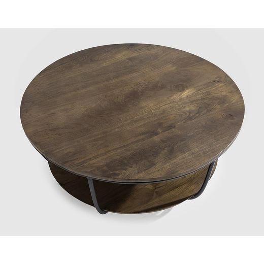 Tavolino rotondo, 90 x 90 x 40 cm, in legno e metallo, colore noce e nero | Collezione Delhi
