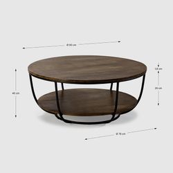 Tavolino rotondo, 90 x 90 x 40 cm, in legno e metallo, colore noce e nero | Collezione Delhi