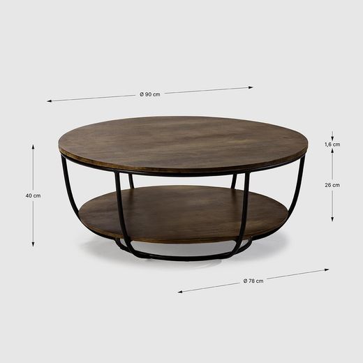 Tavolino rotondo, 90 x 90 x 40 cm, in legno e metallo, colore noce e nero | Collezione Delhi