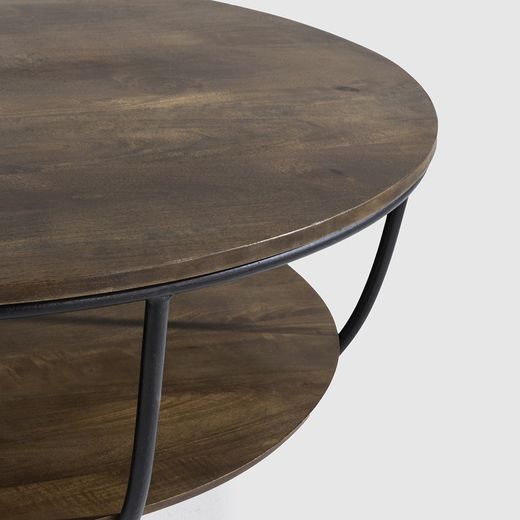 Tavolino rotondo, 90 x 90 x 40 cm, in legno e metallo, colore noce e nero | Collezione Delhi