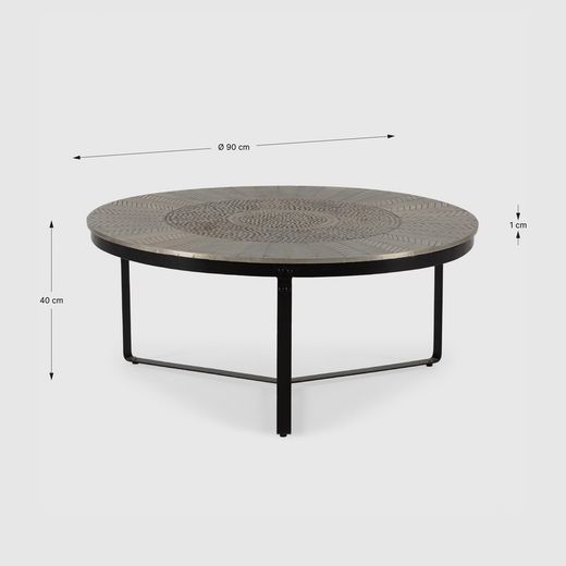 Tavolo da salotto rotondo, 90 x 90 x 40 cm, in metallo colore argento | Collezione Clarisa