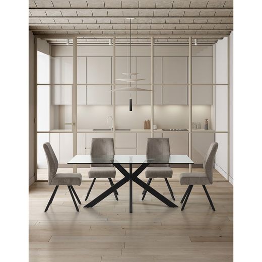 Tavolo da pranzo, 180 x 100 x 76 cm, in vetro temperato e metallo, trasparente e nero | Collezione Celia