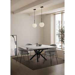 Tavolo da pranzo quadrato allungabile, 90-150 x 90-150 x 76 cm, in pietra sintetica e metallo bianco e nero | Collezione Arlene