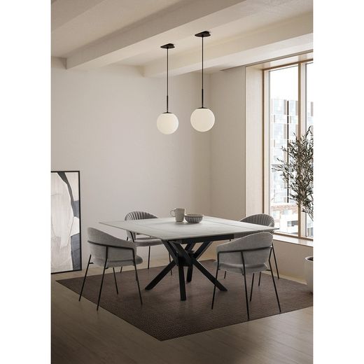 Tavolo da pranzo quadrato allungabile, 90-150 x 90-150 x 76 cm, in pietra sintetica e metallo bianco e nero | Collezione Arlene