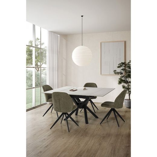 Tavolo da pranzo quadrato allungabile, 90-150 x 90-150 x 76 cm, in pietra sintetica e metallo bianco e nero | Collezione Arlene