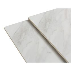 Tavolo da pranzo quadrato allungabile, 90-150 x 90-150 x 76 cm, in pietra sintetica e metallo bianco e nero | Collezione Arlene