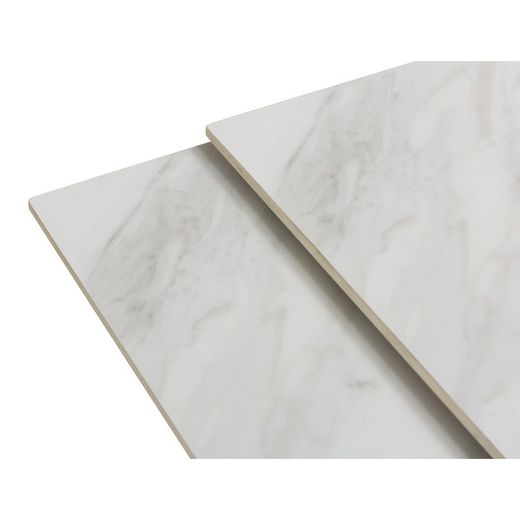 Tavolo da pranzo quadrato allungabile, 90-150 x 90-150 x 76 cm, in pietra sintetica e metallo bianco e nero | Collezione Arlene