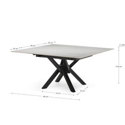 Tavolo da pranzo quadrato allungabile, 90-150 x 90-150 x 76 cm, in pietra sintetica e metallo bianco e nero | Collezione Arlene