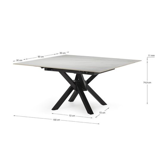 Tavolo da pranzo quadrato allungabile, 90-150 x 90-150 x 76 cm, in pietra sintetica e metallo bianco e nero | Collezione Arlene