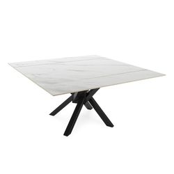 Tavolo da pranzo quadrato allungabile, 90-150 x 90-150 x 76 cm, in pietra sintetica e metallo bianco e nero | Collezione Arlene