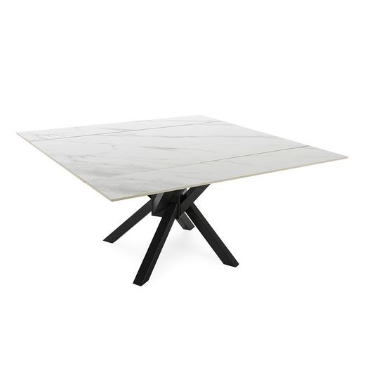 Tavolo da pranzo quadrato allungabile, 90-150 x 90-150 x 76 cm, in pietra sintetica e metallo bianco e nero | Collezione Arlene