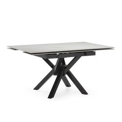 Tavolo da pranzo quadrato allungabile, 90-150 x 90-150 x 76 cm, in pietra sintetica e metallo bianco e nero | Collezione Arlene