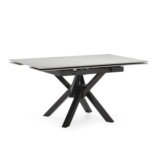 Tavolo da pranzo quadrato allungabile, 90-150 x 90-150 x 76 cm, in pietra sintetica e metallo bianco e nero | Collezione Arlene