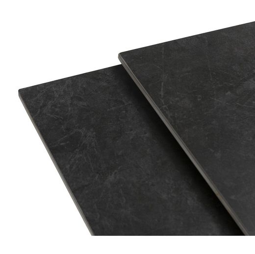 Mesa de comedor cuadrada extensible, 90-150 x 90-150 x 76 cm, de piedra sintetizada y metal en gris oscuro  negro | Colección Arlene