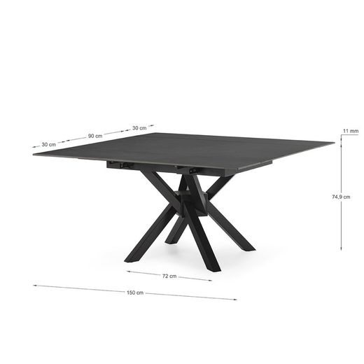 Mesa de comedor cuadrada extensible, 90-150 x 90-150 x 76 cm, de piedra sintetizada y metal en gris oscuro  negro | Colección Arlene