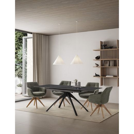 Tavolo da pranzo allungabile, 150-200 x 85 x 76 cm, in pietra sintetica e metallo colore grigio scuro e nero | Collezione Beca