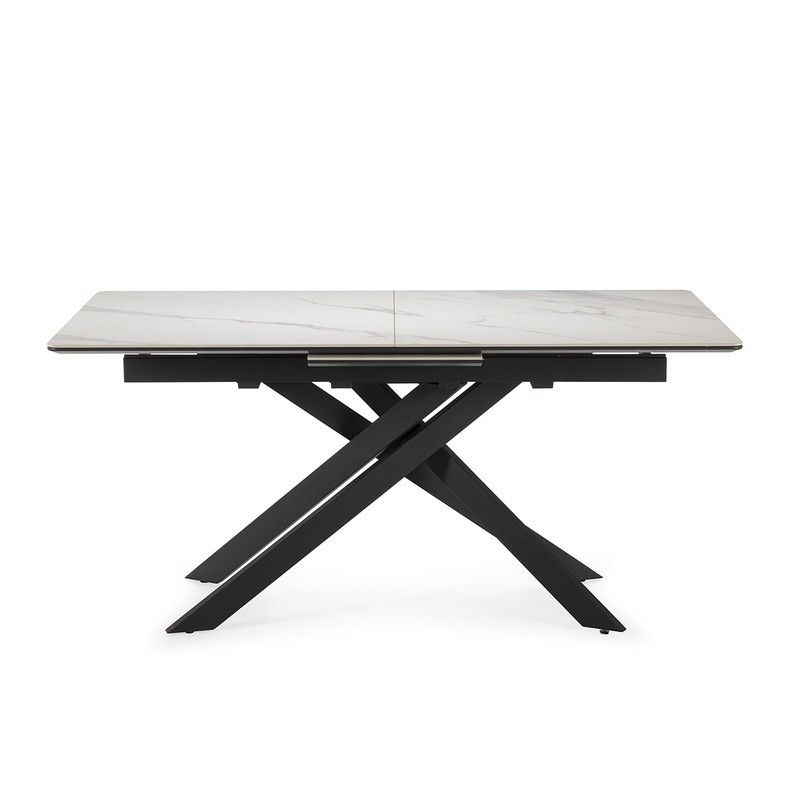 Mesa de comedor extensible, 160-200 x 89,5 x 76 cm, de piedra sintetizada y metal en blanco y negro | Colección Belma
