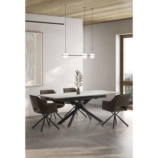 Tavolo da pranzo allungabile, 160-200 x 89,5 x 76 cm, in pietra sintetica e metallo bianco e nero | Collezione Belma